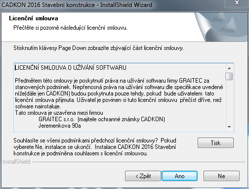 3. V dalším kroku se objeví dialogové okno s licenční smlouvu k produktu CADKON 2016 Stavební konstrukce. Přečtěte si podmínky licenční smlouvy.