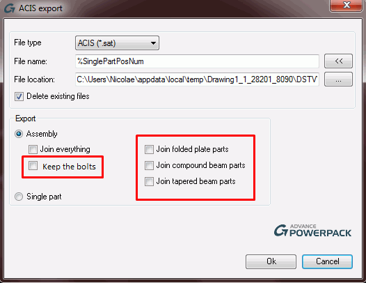 What's New in GRAITEC Advance PowerPack 2016 Export dílů do ACIS Příkaz "Export dílů ACIS" příkaz byl vylepšen tak, aby umožnil větší kontrolu a větší míru flexibility: Výzva informující, že