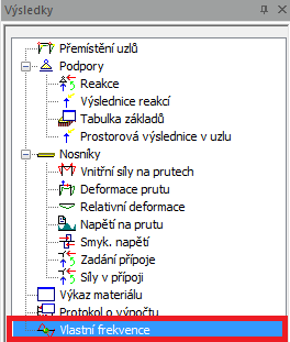 Krok 7: Posledním krokem je provedení výpočtu Vlastních tvarů pomocí funkce Výpočet, síť > Výpočet. Po provedení výpočtu obsahuje menu Výsledky funkci Vlastní frekvence.