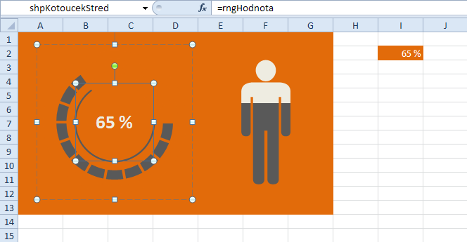 Infografika v Excelu vše pohromadě Jeden z tvarů poslouží jako nositel hodnoty. Přes řádek vzorců jej prostým odkazem propojíme na pojmenovanou buňku a upravíme formát textu.