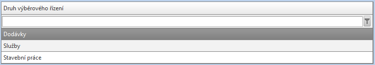 Druh výběrového/zadávacího řízení pole obsahuje informaci o druhu zadávacího řízení dle zákona 137/2006 Sb. 21.