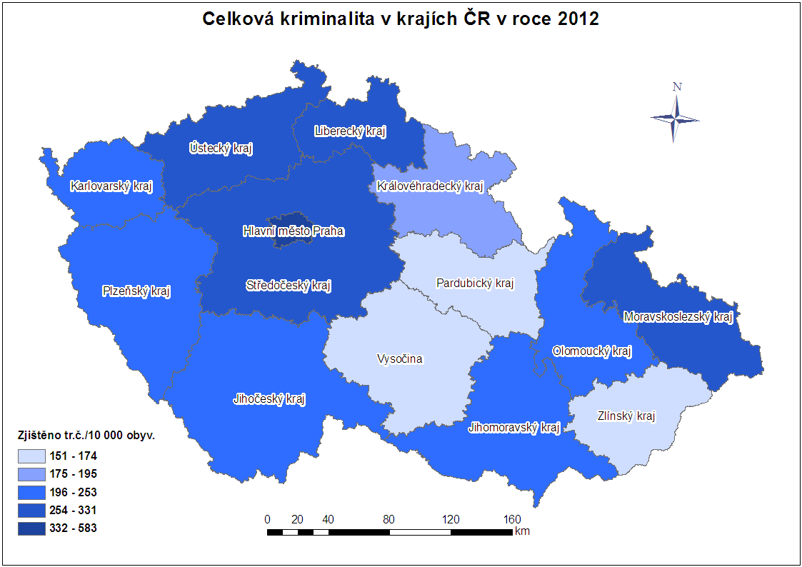 Obrázek 1 zatížení krajů ČR podle indexu zjištěných trestných činů na 10 tis. obyv. v roce 2012 Zdroj: MV ČR, 2013 2.