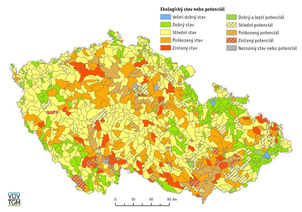 Obr. 2 Ekologický stav a potenciál útvarů povrchových vod ČR k roku 2015 Hodnocení se vztahuje k roku 2015, bylo zpracováno na základě dat získaných z