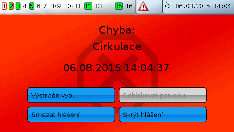 Hlášení Příklad: Typ hlášení Chyba, výstup 1 dominant VYP, výstup 2 dominant ZAP, výstražný zvuk aktivován, výstup pro výstražný tón: výstup 12.
