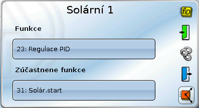 Spojení Spojení Zde můžeme sledovat spojení k jiným funkcím a výstupům CAN. Příklad: Funkce Solar 1 Funkce: Výstupní proměnná ze Solární 1 je spojena se vstupní proměnnou funkce Regulace PID.