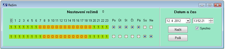 Programovatelný termostat Strana č. 9 z 9 Nastavení režimů Termostat může pracovat ve dvou režimech. Pro každou hodinu se nastavuje Režim0 nebo Režim1.