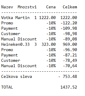 8.12.2 Struktura slev V pokladně koncového uživatele jsou nastaveny 4 typy slev, které mohou být aplikované kdykoliv, na základě konfigurace. Typy slev: a) Promoční slevy (definované v kapitole 3.