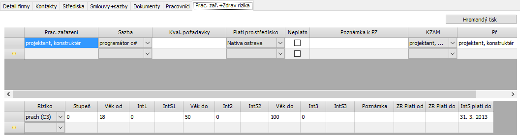 V záložce pracovníci se zobrazují všichni pracovníci pracující v dané firmě. V kostičkách nad tabulkou si uživatel může filtrovat pracovníky podle toho, zdali jsou aktuálně pracující, historii atd.