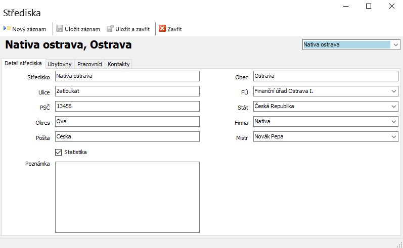 Karta střediska Střediska jsou pobočky jednotlivých firem. Nové středisko lze vytvořit buďto v kartě firmy, nebo přímo v kartě střediska po kliku na tlačítko nový záznam.