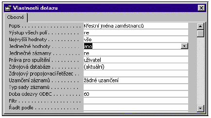 10 5 Databázový systém ACCESS Obr. 5.6: Ukázka okna vlastností dotazu. 5.3 Formuláře Formulář usnadňuje uživateli vkládání, úpravy a zobrazování dat z databáze.