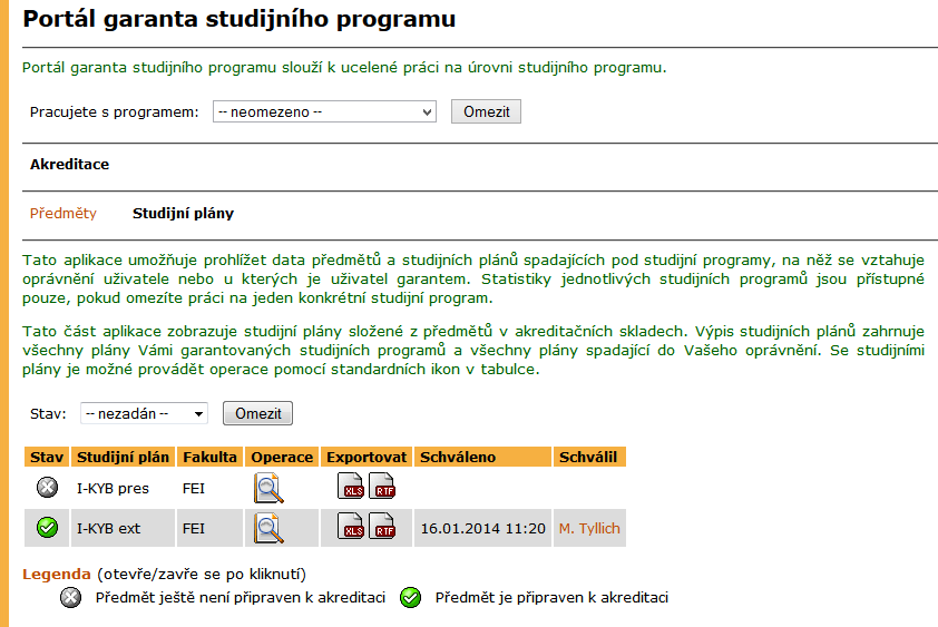 13 PORTÁL GARANTA STUDIJNÍHO PROGRAMU stav příprav předmětu pro akreditaci. Obsah sylabu předmětu lze zobrazit pomocí ikony ve sloupci Sylabus.
