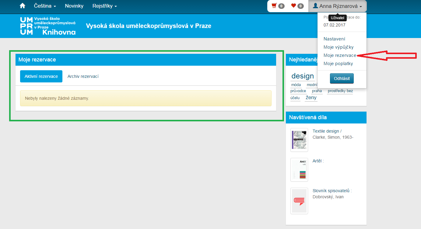 6.3. Moje rezervace Na stav svých rezervací se můžete podívat po přihlášení do katalogu pomocí záložky Moje rezervace (po kliknutí na vaše jméno). Zde si můžete své rezervace rovněž zrušit. 7.