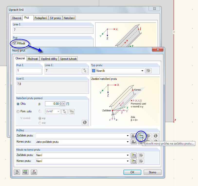 4 Údaje o konstrukci Obr. 4.8: dialog Nový prut Přednastavené údaje můžeme ponechat beze změny. Je třeba vytvořit pouze nový průřez.