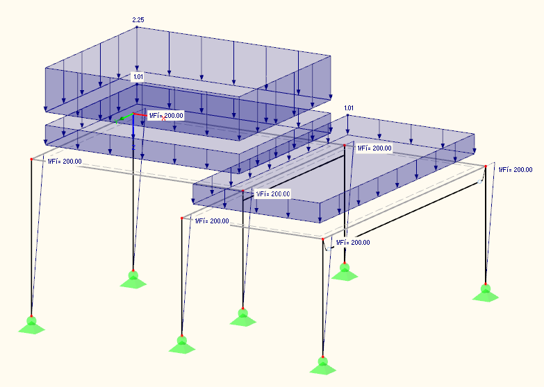 6 Kombinace zatěžovacích stavů Obr. 6.2: záložka Parametry výpočtu Po kliknutí na tlačítko [OK] se na modelu konstrukce zobrazí veškerá zatížení z dané kombinace. Obr. 6.3: zatížení z kombinace KZ1 V záložce Parametry výpočtu můžeme překontrolovat zadání, z něhož RFEM vychází při výpočtu jednotlivých kombinací zatížení.