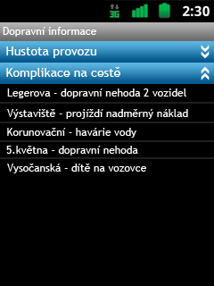 Doprava Po kliknutí na widget s dopravními informacemi se uživatel dostane na toto zobrazení. Jsou zde dvě modré lišty s šipkami.