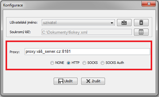 Obr. 8 Řetězec pro nastavení Proxy má formát adresa:port 3.4 Nový pár klíčů (konverze) Z důvodu bezpečnosti Fio banka začala vyžadovat pro komunikaci bezpečnější soukromý klíč se silnějším šifrováním.