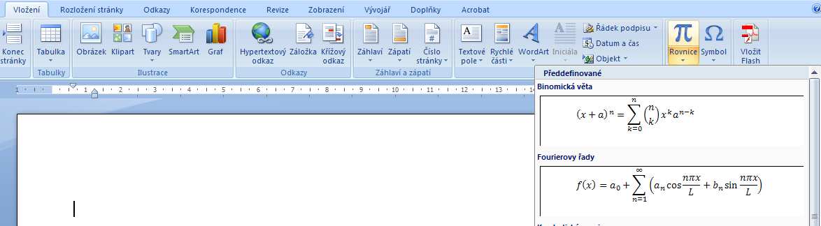 Editor rovnic Editor rovnic vyvoláme na kartě Vložení, kde se nachází ve skupině příkazů Symboly tlačítko Rovnice otevře se