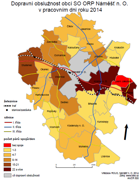 Mapa 3: Dopravní obslužnost obcí řešeného území Mapa 3 znázorňuje odlišně kategoricky roztříděné obce, než tomu bylo v předchozí tabulce.