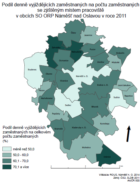 Mapa 5: Podíl vyjížďky do zaměstnání z obcí řešeného území Na mapě 6 je znázorněna mapa obcí studovaného regionu rozdělených dle dominance cíle vyjížďky do zaměstnání a škol.