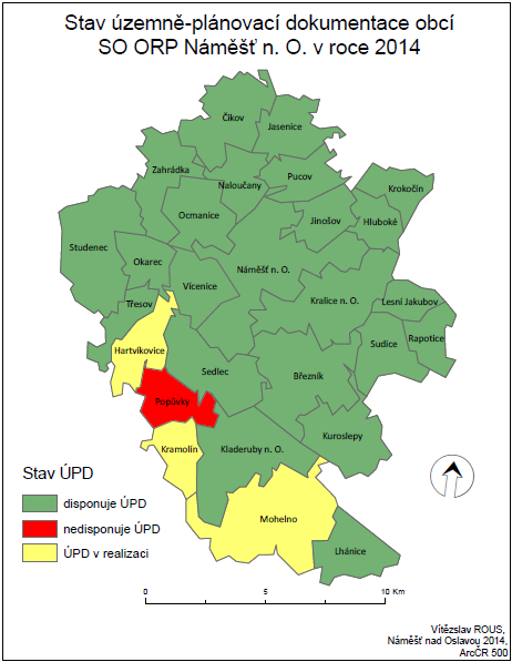 Mapa 2: Stav územně-plánovací dokumentace v obcích ORP Náměšť n. O. V případě některých velmi malých obcí (jako je případ obce Popůvky) není k rozvoji obce územní plán příliš zapotřebí.