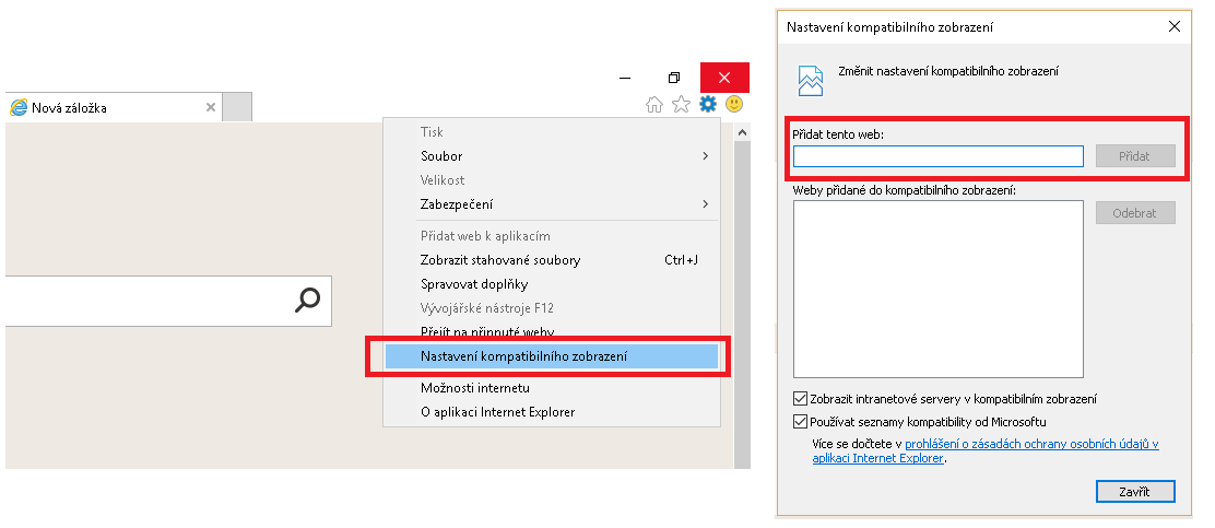 3. Nastavení kompatibilního zobrazení v IE11 V internetovém prohlížeči IE vyberte v menu Nastavení a následně Nastavení kompatibilního zobrazení.