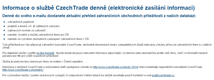 Služba CzechTrade denně - elektronické zasílání informací
