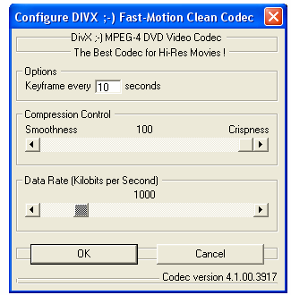 obrázku (Obr.19) je znázorněno detailnější nastavení pro DivX 3.11 ;-) Alpha kodek ve verzi Fast Motion. Obr. 19 Nastavení parametrů komprimace. Zdroj: [vlastní] V horní části obrázku (Obr.