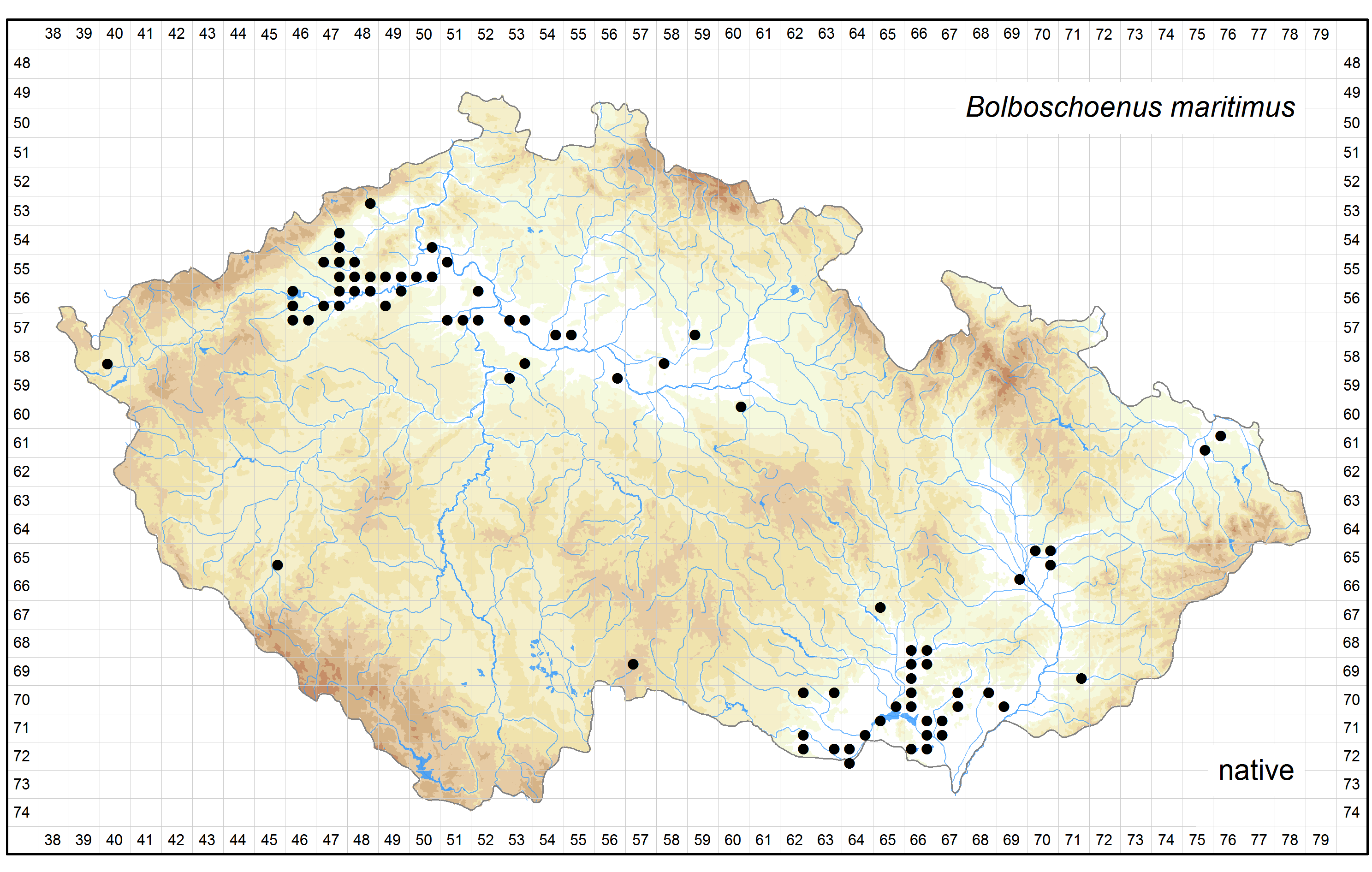 Distribution of Bolboschoenus maritimus in the Czech Republic Author of the map: Michal Ducháček, Zdenka Hroudová Map produced on: 18-11-2015 Database records used for producing the distribution map
