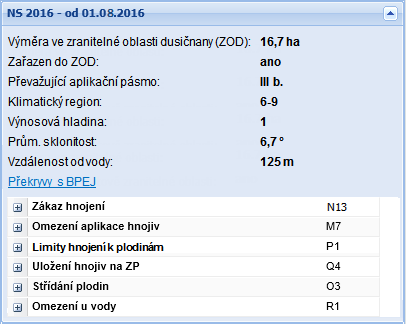 Prezentace údajů k NS na detailu zemědělské parcely Odkaz na nový detail NS 2016 v detailu parcely: