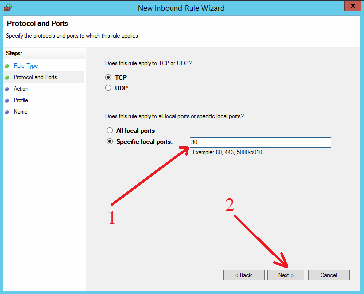 V průvodci vyberete typ pravidla Port a kliknete na Další Protokol necháte vybraný TCP a zatrženou kolonku Konkrétní místní porty, do které dopíšete číslo 80.