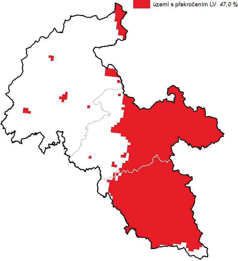 Obrázek 8: Území s překročením imisních limitů, zóna CZ08Z Moravskoslezsko,