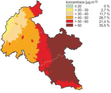 Obrázek 16: rok 2011 Pole 36. nejvyšší 24hodinové koncentrace PM 10, zóna CZ08Z Moravskoslezsko, Zdroj dat: ČHMÚ Obrázek 17: Pole 36.