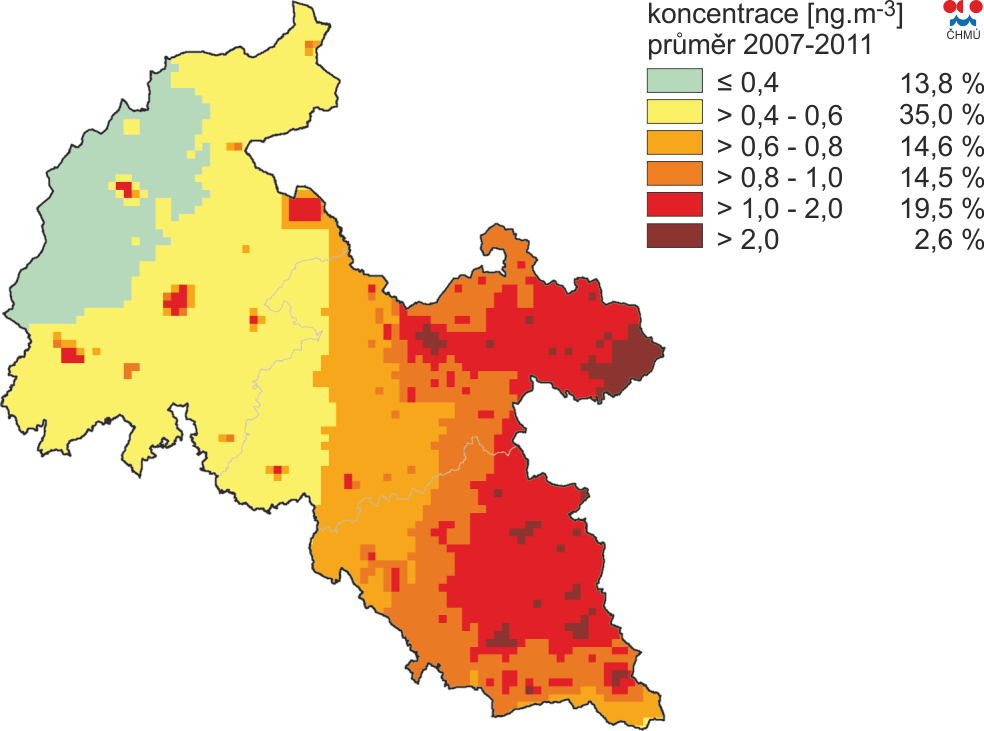 Obrázek 24: Pole průměrné roční koncentrace B(a)P, zóna CZ08Z Moravskoslezsko, rok 2011 Zdroj dat: ČHMÚ Obrázek 25: Pole průměrné roční koncentrace