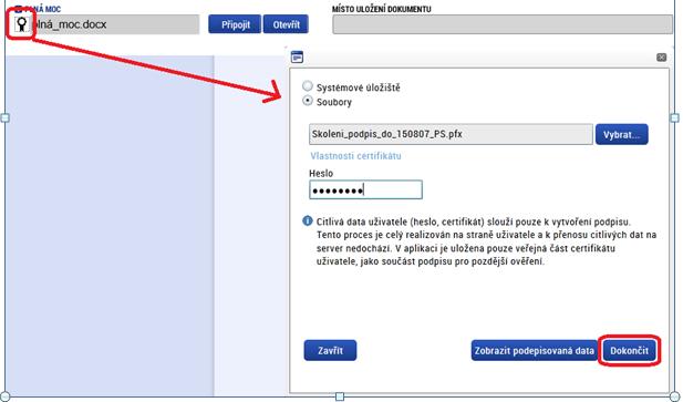 U záznamu plné moci klikne na symbol pečeti. Systém otevře okno pro nahrání el. podpisu.