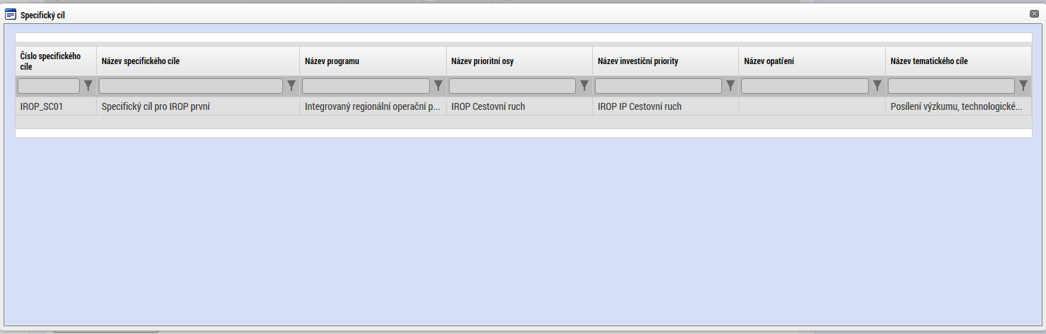 5.4.4. Záložka Specifické cíle Na záložce Specifické cíle vybere žadatel v poli Název záznam specifického cíle určeného výzvou (ve výzvě může být