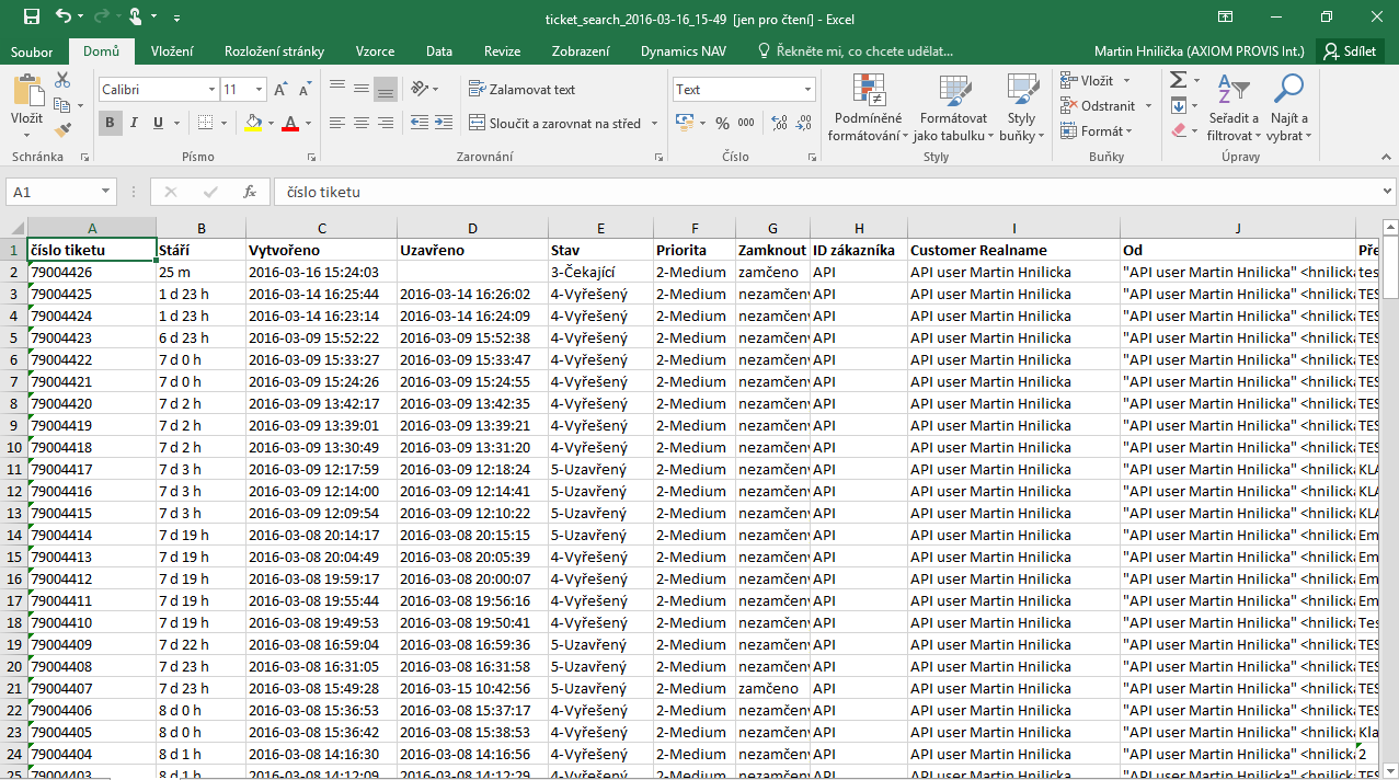 VYHLEDAT EXPORT DO EXCELU Výsledky vyhledávání je možné zobrazit v těchto volbách: CSV systém vyexportuje seznam tiketů do formátu CSV Excel systém