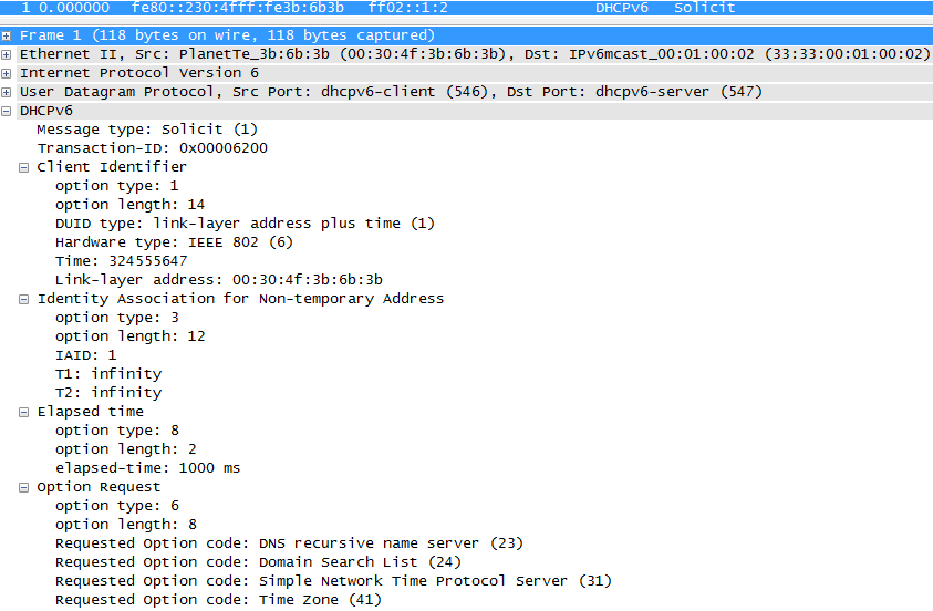 Obr. č. 11 Pakety zaznamenané na síti (stateful DHCP) Z Obr. č. 11 vidíme, že výměna zpráv už probíhá klasicky pomocí 4 zpráv, protože jsme nevyužili volby rapid-commit.