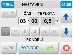 K této první změně vybereme na displeji požadovaný čas změny a teplotu, kterou chceme k tomuto času přiřadit. Vybraný čas a teplotu potvrdíme stisknutím tlačítka POTVRDIT. 3.