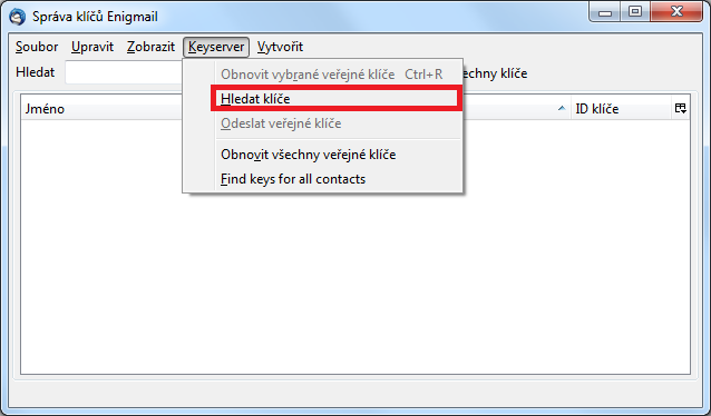 Import PGP certifikátů příjemců Nyní zbývá naimportovat PGP klíče příjemců, což provedete následně: Enigmail -> Správa klíčů.