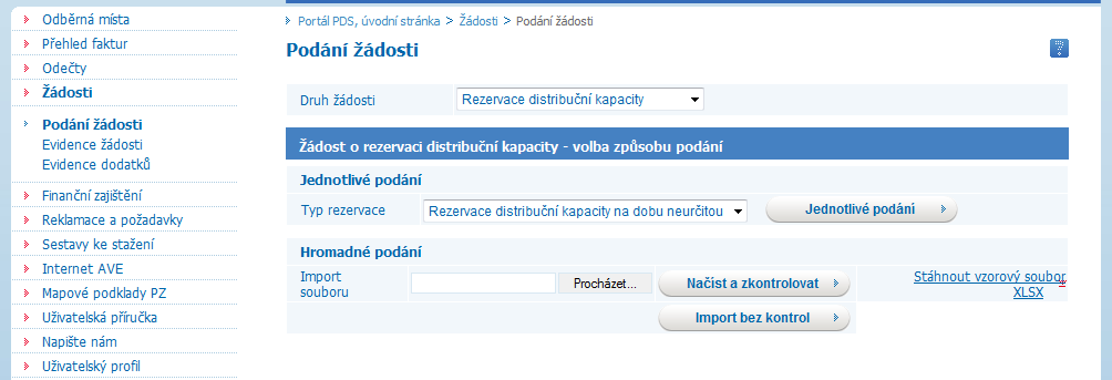 Žádosti - vstup do menu Zvolením volby Žádosti v levé navigační liště dojde k rozbalení podmenu (zobrazení podvoleb): Podání žádosti Evidence žádosti Evidence dodatků Současně bude zobrazena