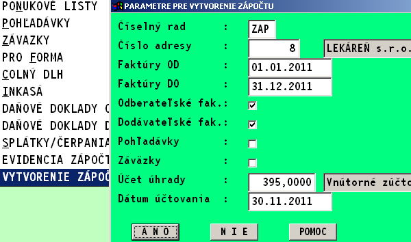 Tvorba vzájomných zápočtov pohľadávok a záväzkov. Efektívna a jednoduchá funkcia je určená na vytváranie vzájomných zápočtov, medzi vyšlými a došlými dokladmi (napr.