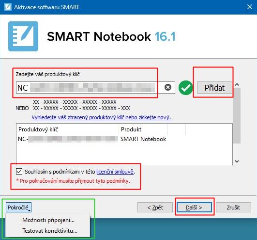 4. V aktivačním průvodci klikněte na tlačítko Přidat. 5. Vložte váš produktový klíč do pole Produktový klíč, klikněte na tlačítko Přidat.