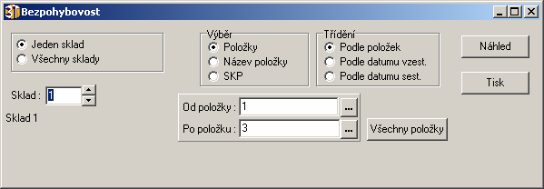 9.2.8. Bezpohybovost Sestava obsahuje všechny položky na zadaném skladě s datumem poledního pohybu. Zadávají se následující kritéria: 9.2.9. Inventury skladů Sestava slouží jako podklad po provedení fyzické inventury skladu.