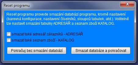 PROGRAM Při instalaci programu dojde také k nainstalování ukázkových dat. V případě, že budete chtít s programem začít od nuly spusťte program s parametrem reset (sklad.exe reset).