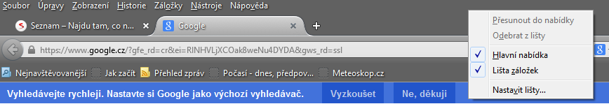 Nastavení zobrazení jednotlivé panely Firefoxu je možné