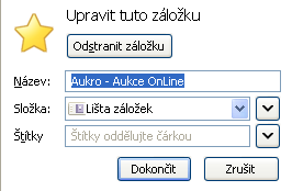 Záložky uložení adresy stránky: Klinout na hvězdu vedle adresy stránky Úprava uložené stránky: Znovu kliknout na hvězdu pojmenování štítky jsou popisky které se zobrazí