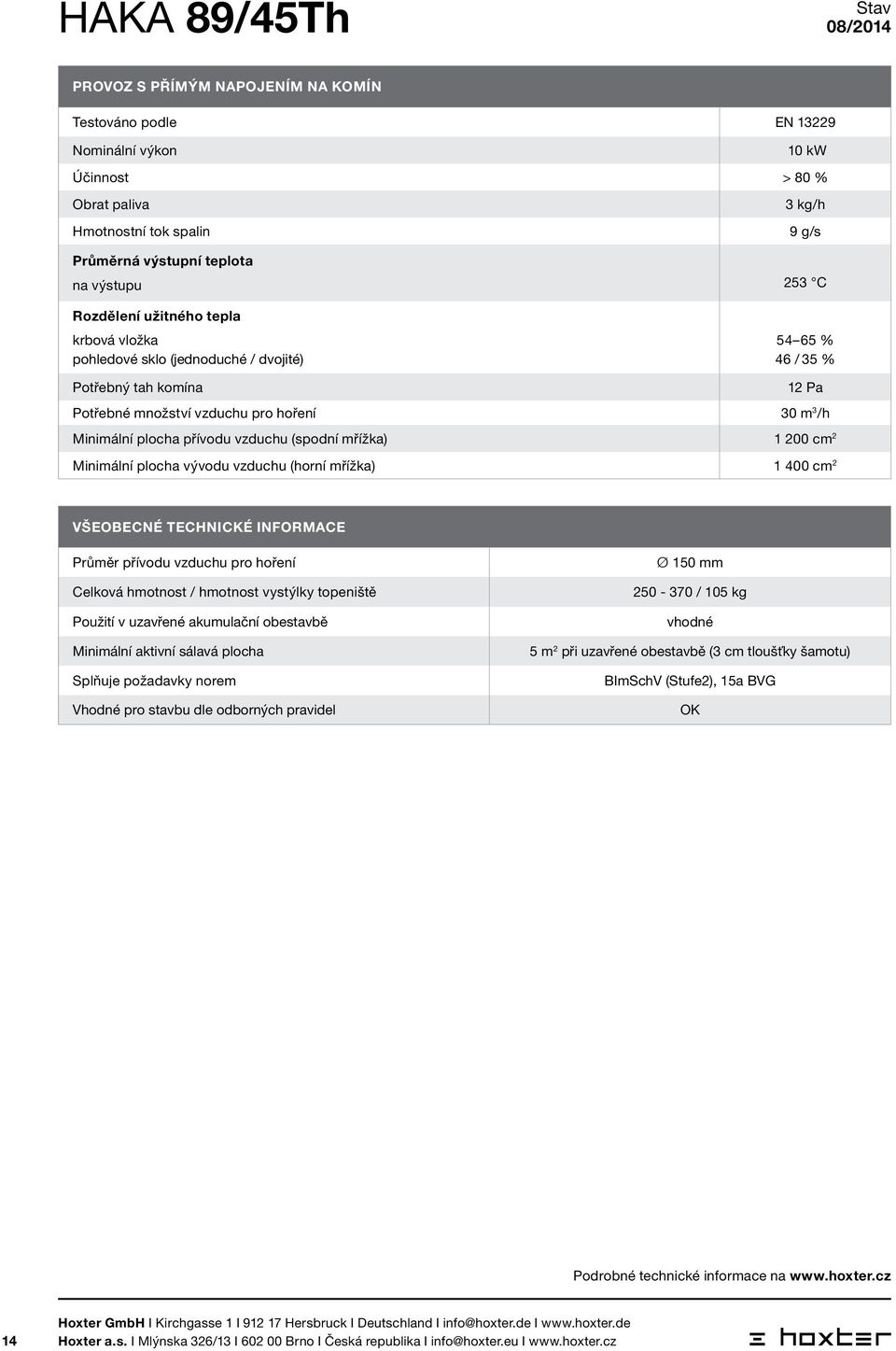 vzduchu (horní mřížka) 1 400 cm 2 Všeobecné technické informace Průměr přívodu vzduchu pro hoření Celková hmotnost / hmotnost vystýlky topeniště Použití v uzavřené akumulační obestavbě