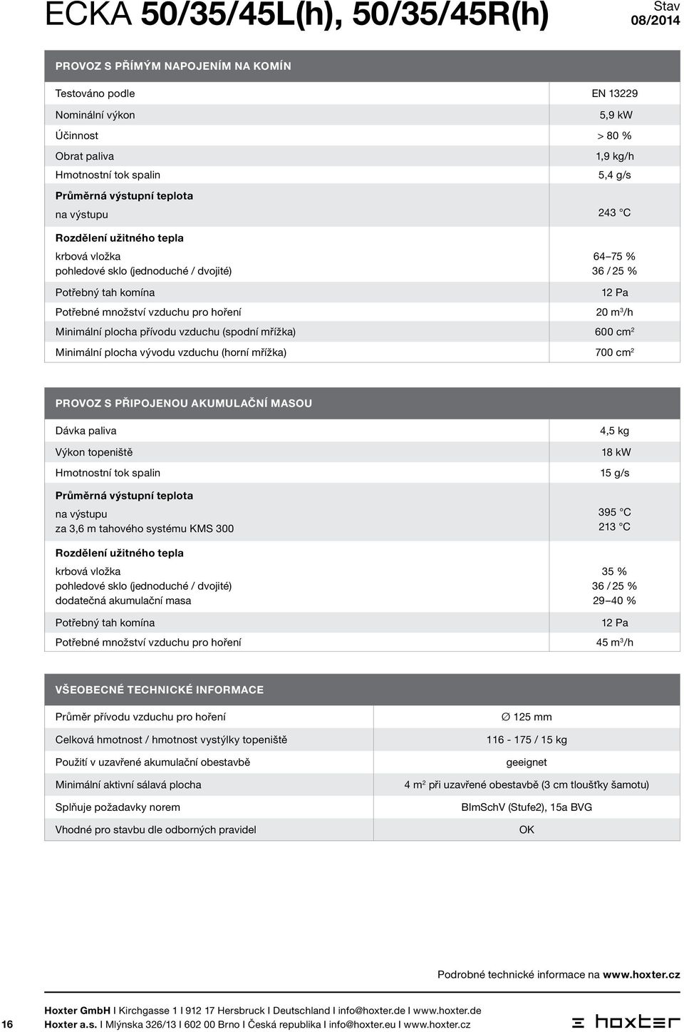 vzduchu (horní mřížka) 700 cm 2 PROVOZ S PŘIPOJENOU AKUMULAČNÍ MASOU Dávka paliva 4,5 kg Výkon topeniště 18 kw Hmotnostní tok spalin Průměrná výstupní teplota na výstupu za 3,6 m tahového systému KMS