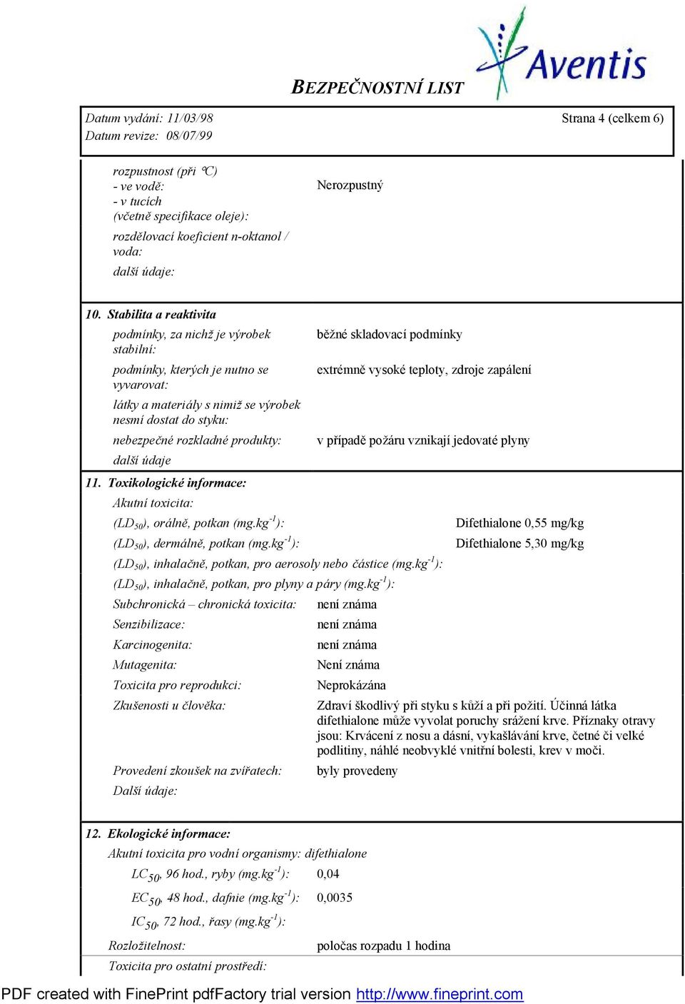 další údaje 11. Toxikologické informace: Akutní toxicita: (LD 50 ), orá lně, potkan (mg.kg -1 ): (LD 50 ), dermá lně, potkan (mg.