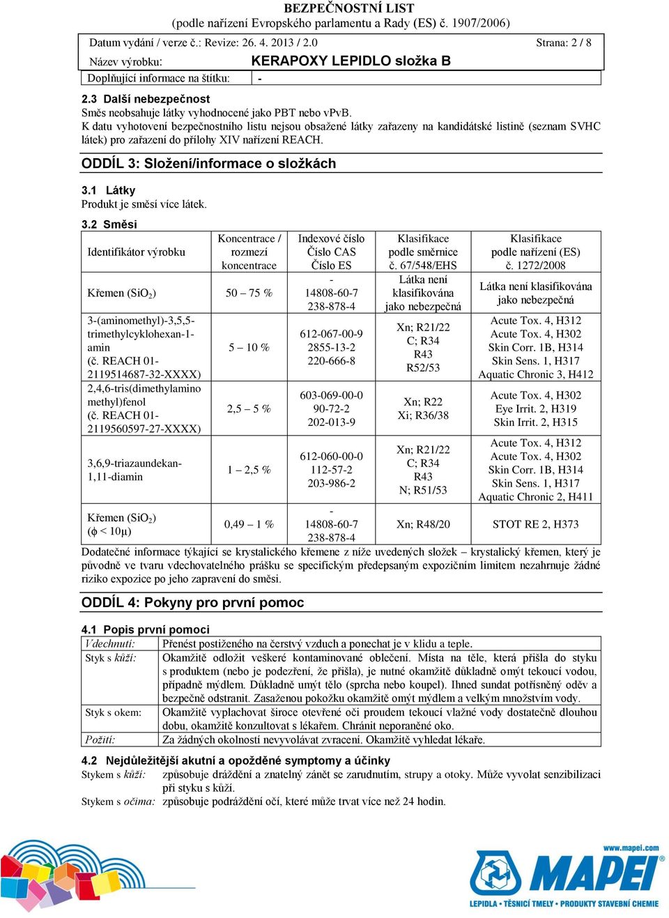 1 Látky Produkt je směsí více látek. 3.2 Směsi Identifikátor výrobku Koncentrace / rozmezí koncentrace Křemen (SiO 2 ) 50 75 % 3-(aminomethyl)-3,5,5- trimethylcyklohexan-1- amin (č.